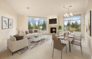 Bright living room with a fireplace, dining area, and scenic view, highlighting the comfort of the Aljoya Mercer Island retirement community in Mercer Island.