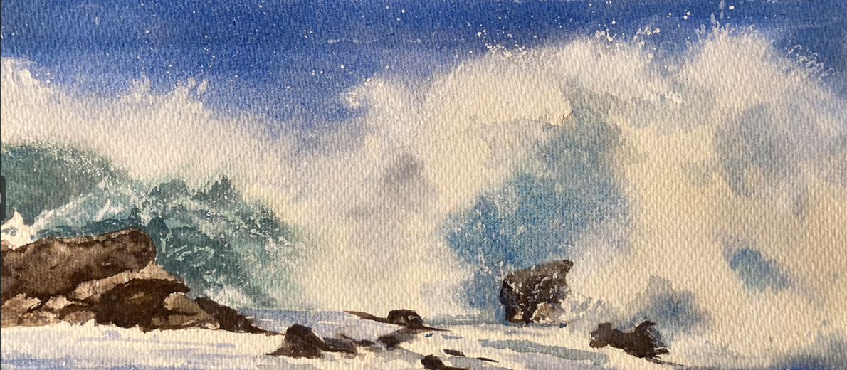Watercolor painting of waves crashing on a rocky beach