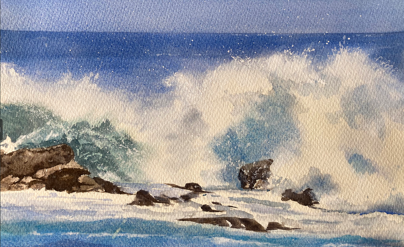 Watercolor painting of waves crashing on a rocky beach