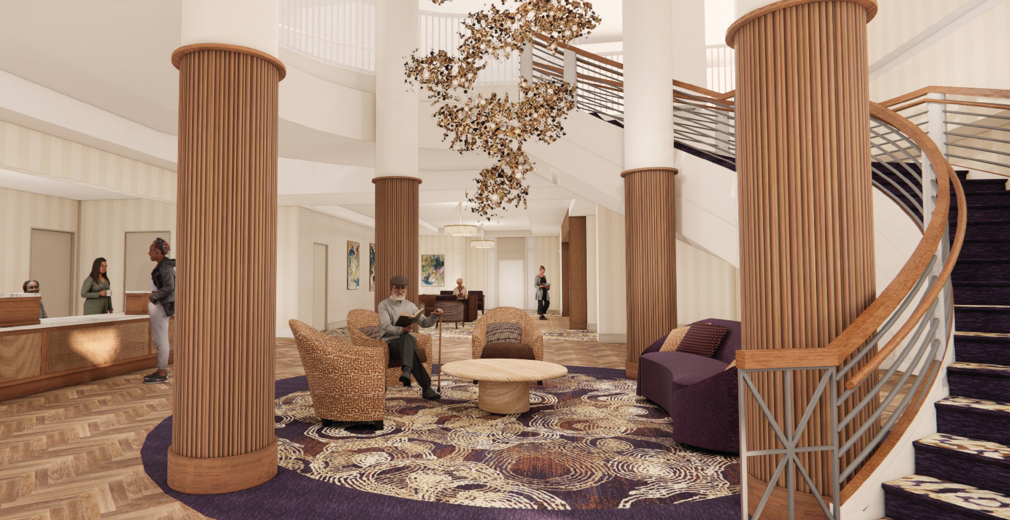 Artist rendering of the newly renovated lobby at University House Issaquah
