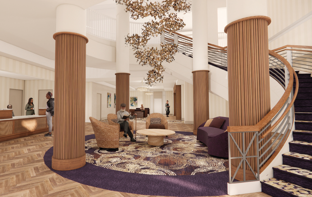 Artist rendering of the newly renovated lobby at University House Issaquah