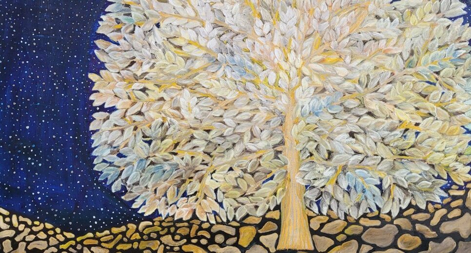 Image of "Whispers", an original oil painting of a tree with a starry night sky.