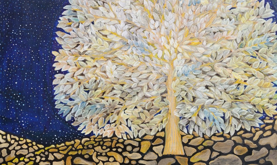 Image of "Whispers", an original oil painting of a tree with a starry night sky.
